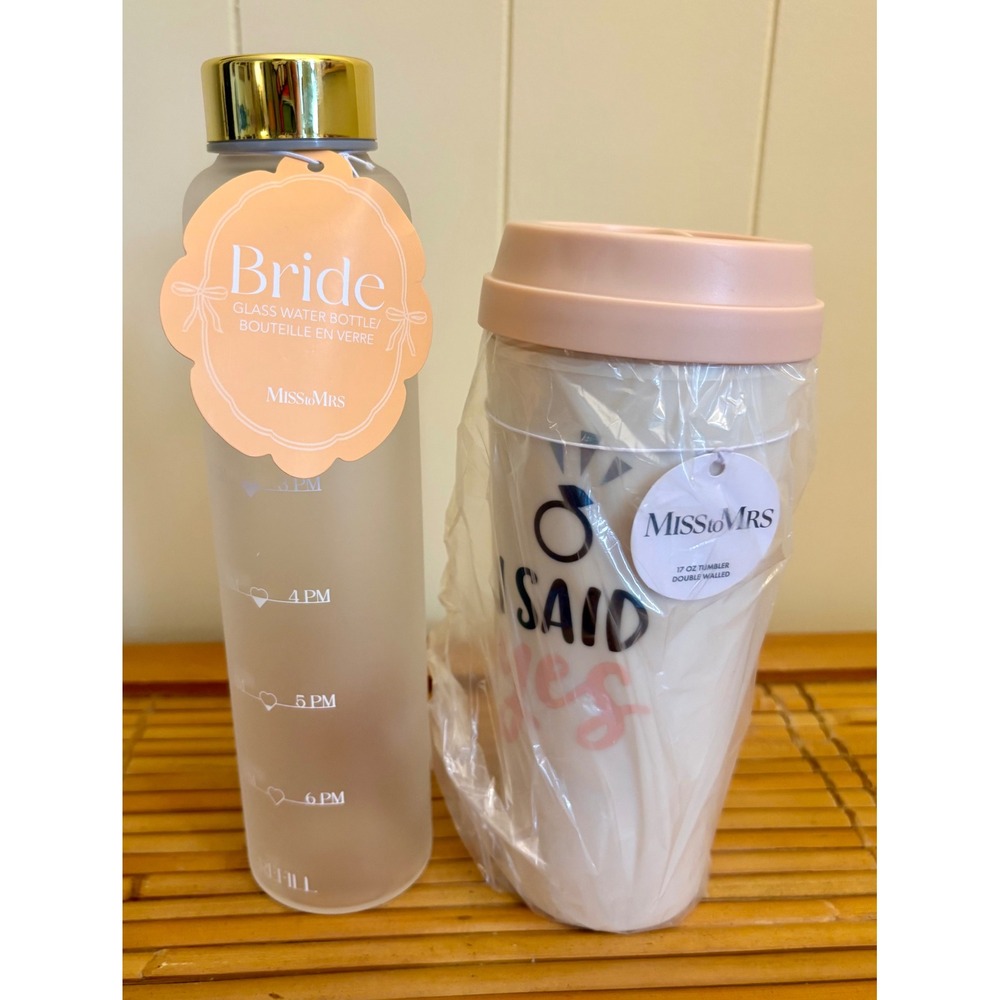 Miss to Mrs Bride Glass Water Bottle and I Said Yes 17oz Tumbler Set NWT